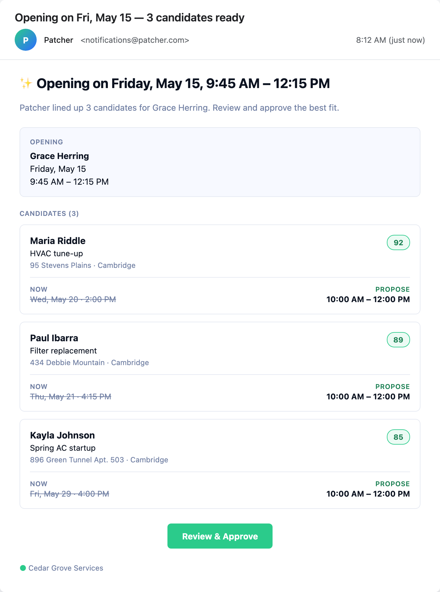 Patcher Recovery Plan email showing an opening on Friday, May 15 with three ranked candidates ready for approval