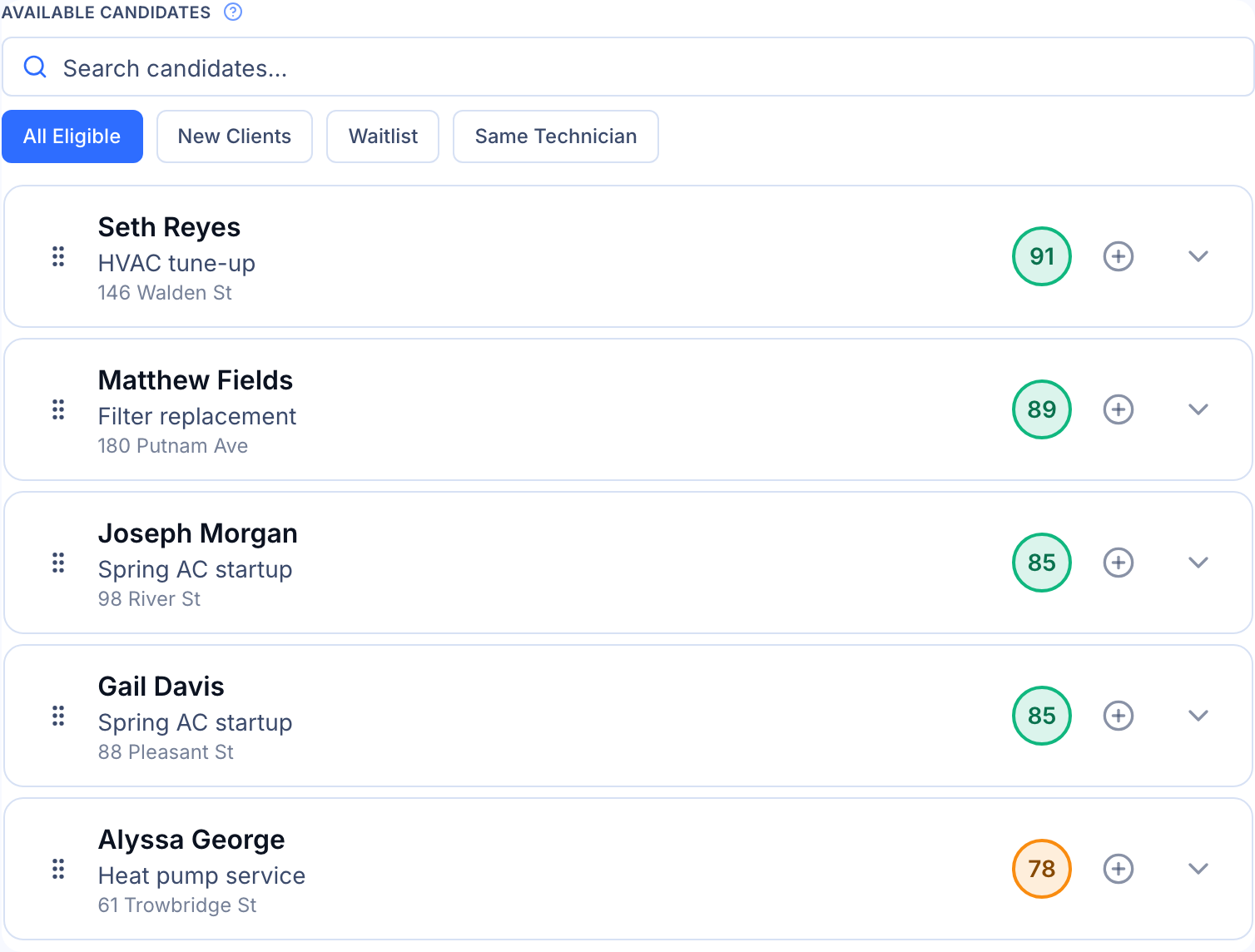Ranked candidate list with Patcher Scores, proposed schedule changes, and route fit details