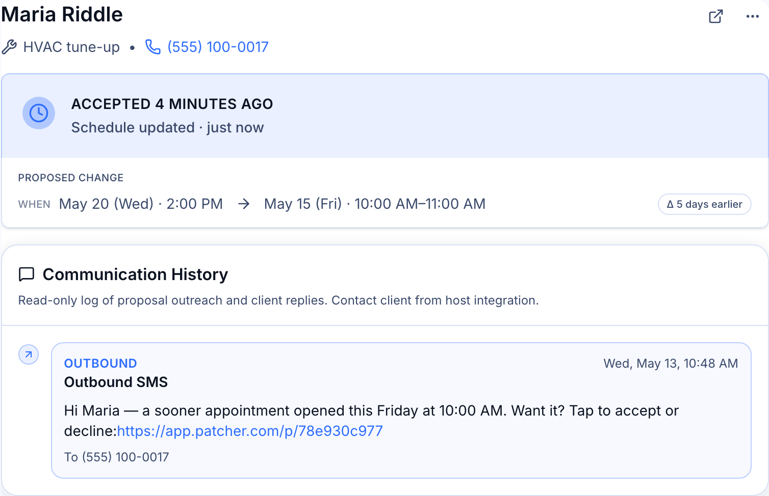Proposal detail view showing customer information, status, and communication timeline