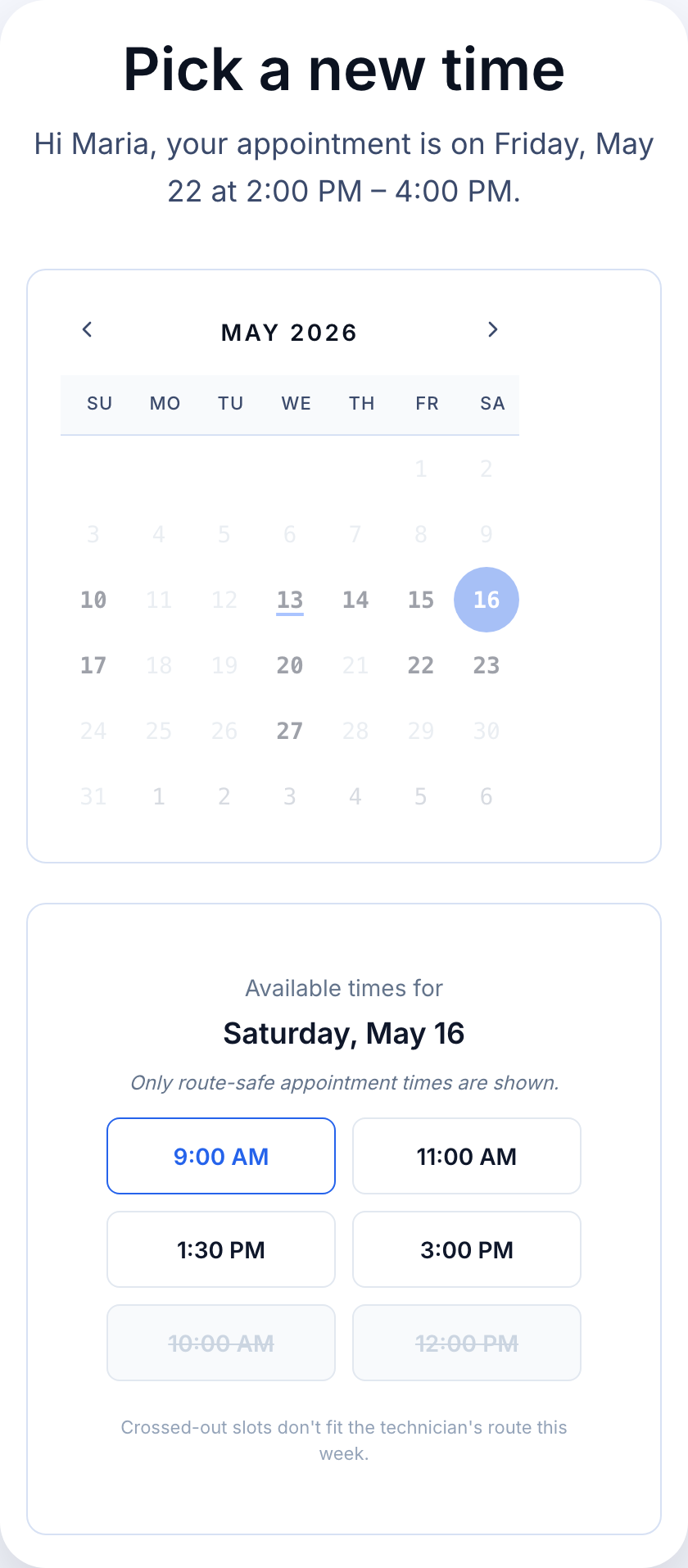 Mobile customer reschedule page with calendar, selected date, and available time slots