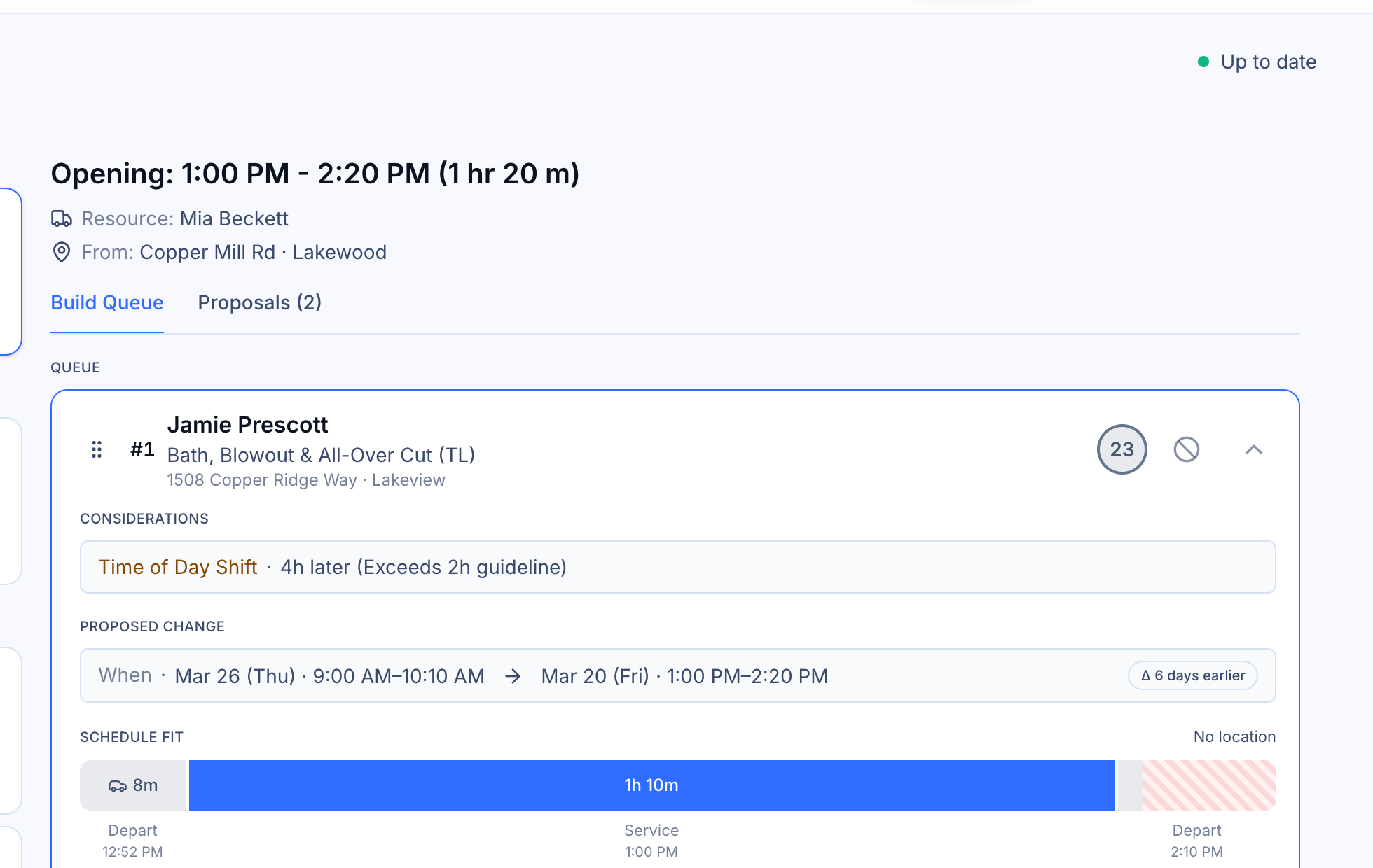 Expanded candidate card showing considerations, proposed schedule change, and timeline fit
