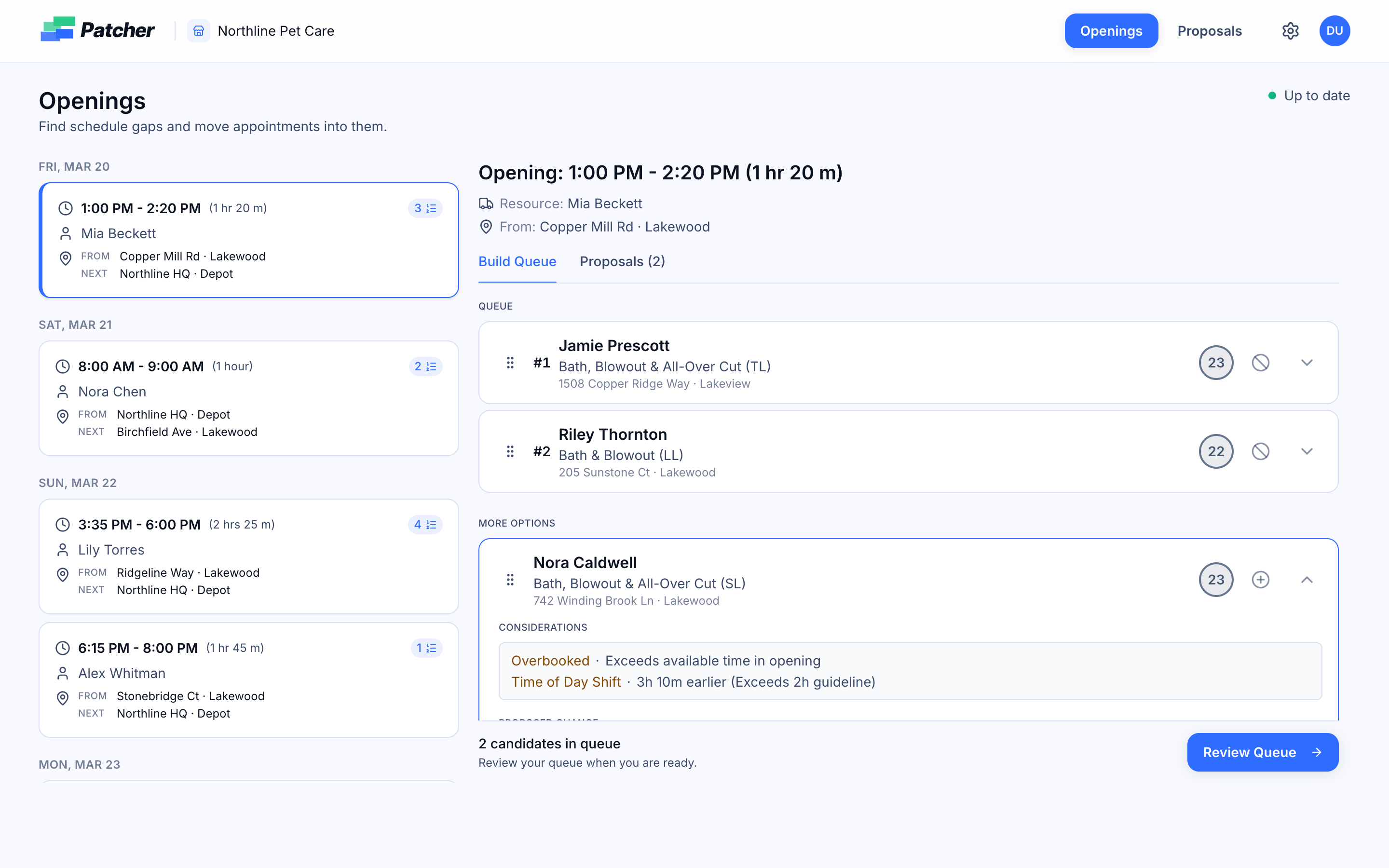 Patcher openings workflow showing detected schedule gaps and ranked candidates