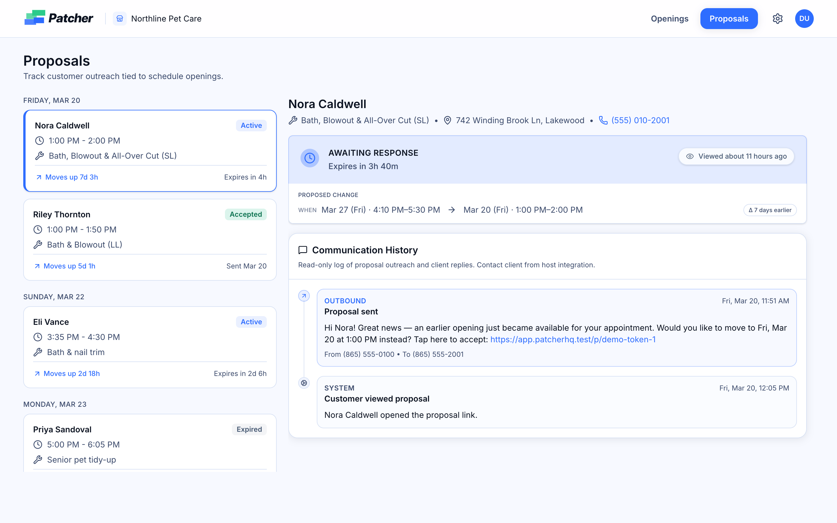 Proposal detail with status banner, proposed change, and communication history timeline
